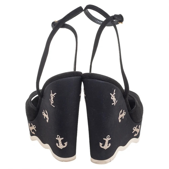 Saint Laurent Suede Cassandra Logo Ankle Strap Wedge - 8 US, Black fits 7.5 US - Picture 14 of 16